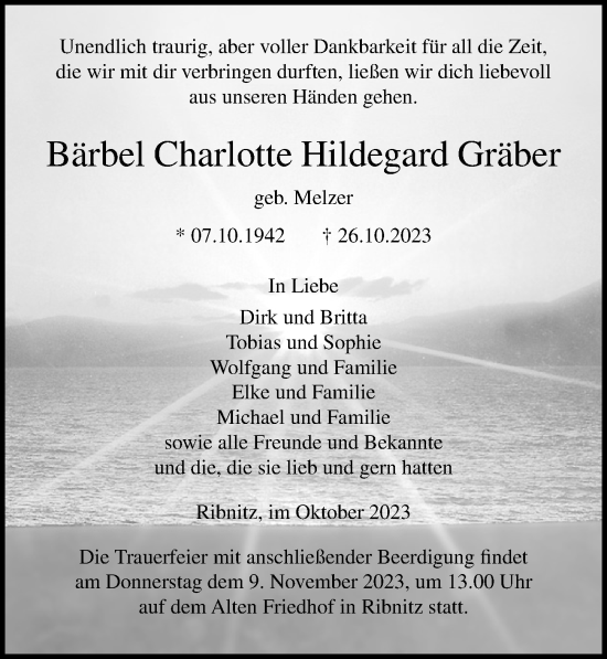 Traueranzeige von Bärbel Charlotte Hildegard Gräber von Ostsee-Zeitung GmbH