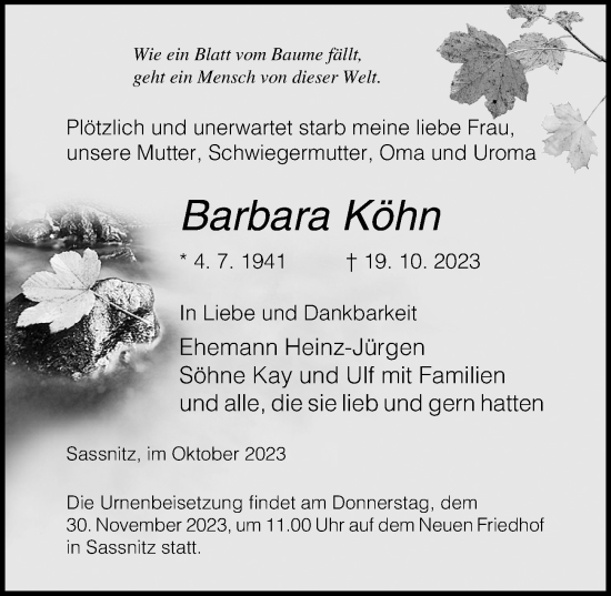 Traueranzeige von Barbara Köhn von Ostsee-Zeitung GmbH