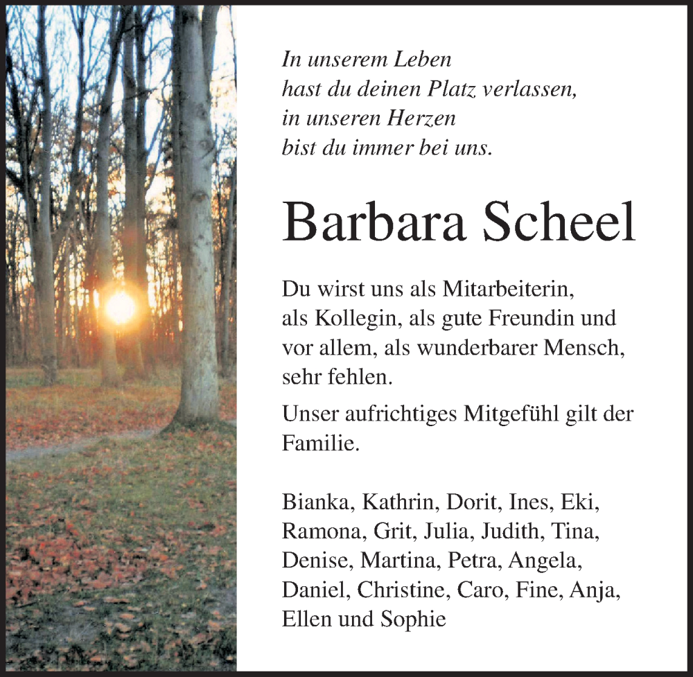 Traueranzeige für Barbara Scheel vom 11.11.2023 aus Ostsee-Zeitung GmbH