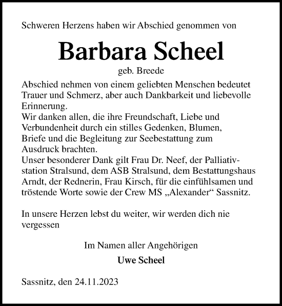 Traueranzeige von Barbara Scheel von Ostsee-Zeitung GmbH