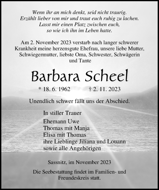 Traueranzeige von Barbara Scheel von Ostsee-Zeitung GmbH