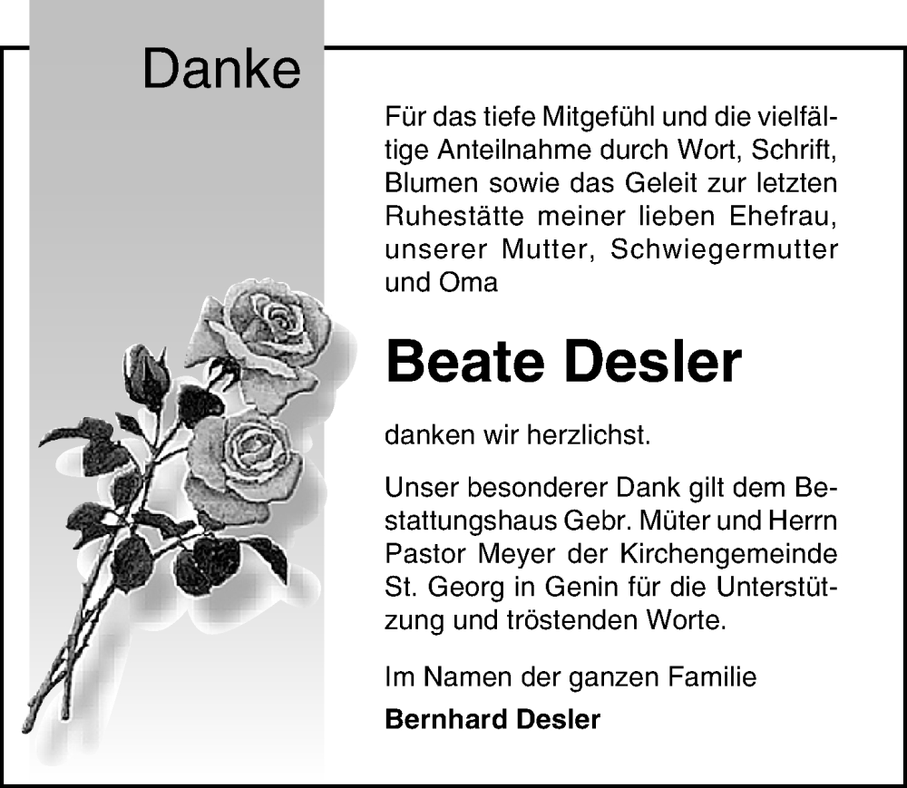  Traueranzeige für Beate Desler vom 12.11.2023 aus Lübecker Nachrichten