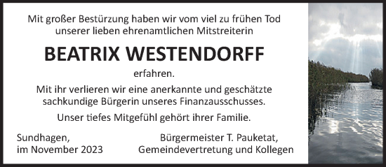 Traueranzeige von Beatrix Westendorff