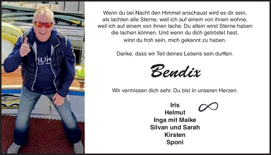 Traueranzeige von Bendix  von Lübecker Nachrichten
