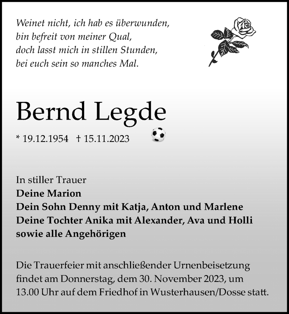  Traueranzeige für Bernd Legde vom 25.11.2023 aus Märkischen Allgemeine Zeitung