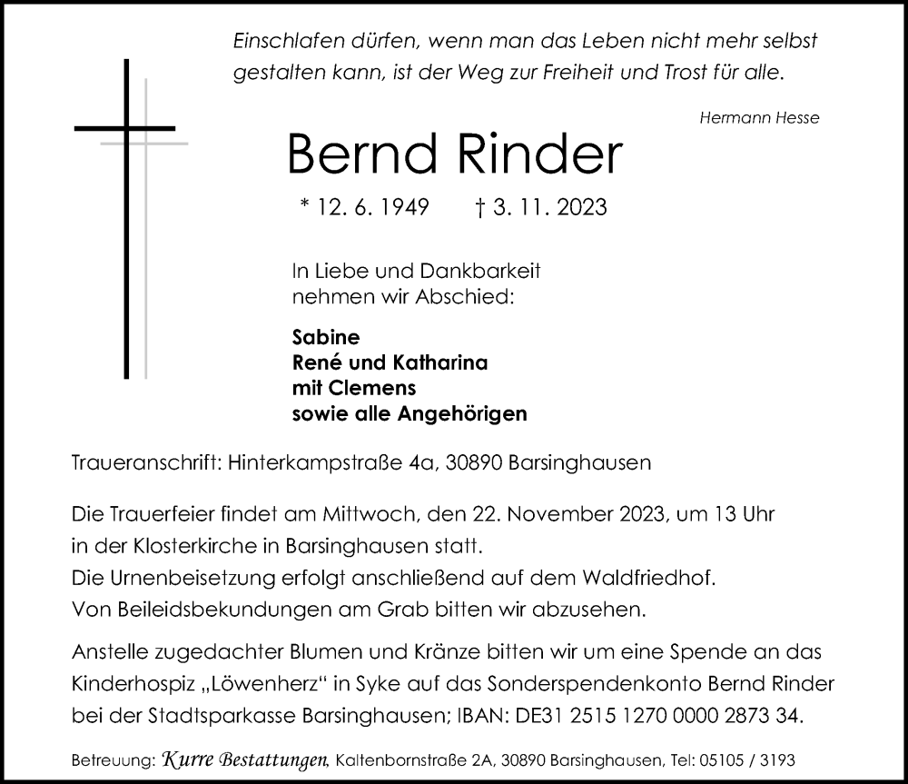  Traueranzeige für Bernd Rinder vom 18.11.2023 aus Hannoversche Allgemeine Zeitung/Neue Presse