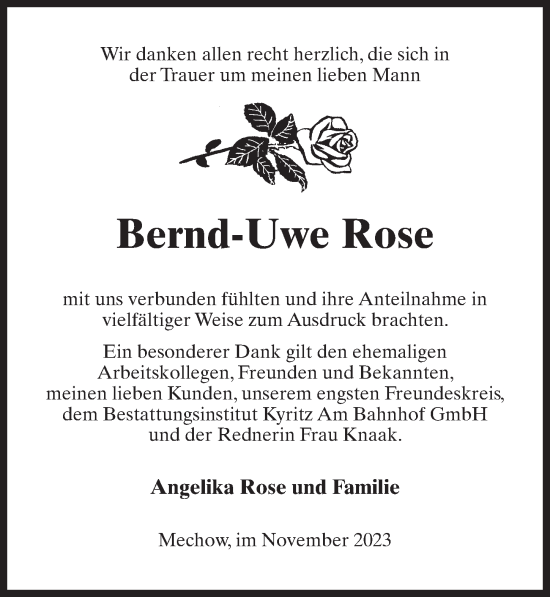 Traueranzeige von Bernd-Uwe Rose von Märkischen Allgemeine Zeitung