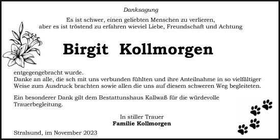 Traueranzeige von Birgit Kollmorgen von Ostsee-Zeitung GmbH
