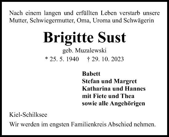 Traueranzeige von Brigitte Sust von Kieler Nachrichten