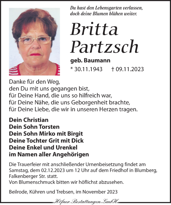 Traueranzeige von Britta Partzsch von Torgauer Zeitung