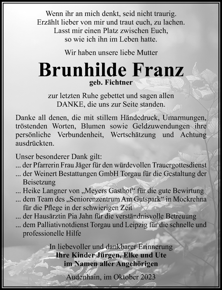  Traueranzeige für Brunhilde Franz vom 18.11.2023 aus Torgauer Zeitung