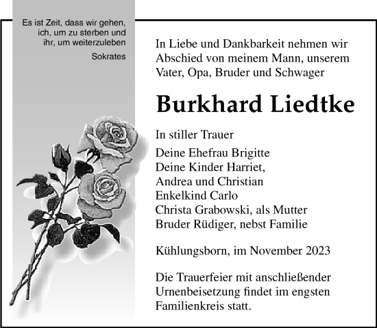 Traueranzeige von Burkhard Liedtke von Ostsee-Zeitung GmbH