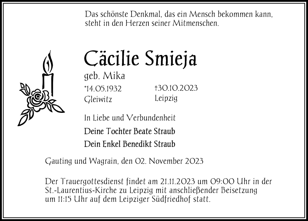  Traueranzeige für Cäcilie Smieja vom 04.11.2023 aus Leipziger Volkszeitung