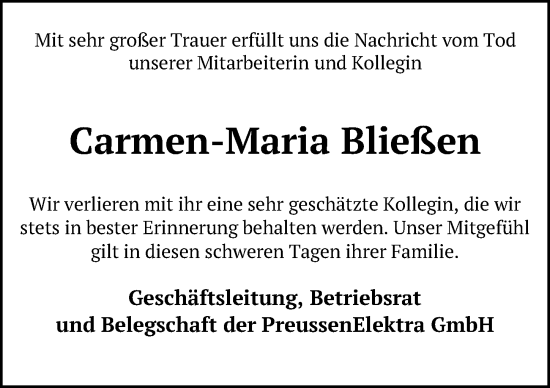 Traueranzeige von Carmen-Maria Bließen von Hannoversche Allgemeine Zeitung/Neue Presse