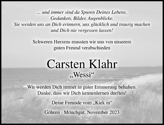 Traueranzeige von Carsten Klahr von Ostsee-Zeitung GmbH