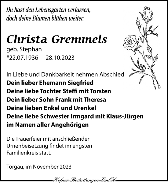 Traueranzeige von Christa Gremmels von Torgauer Zeitung