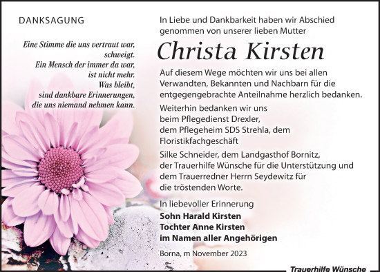 Traueranzeige von Christa Kirsten von Leipziger Volkszeitung