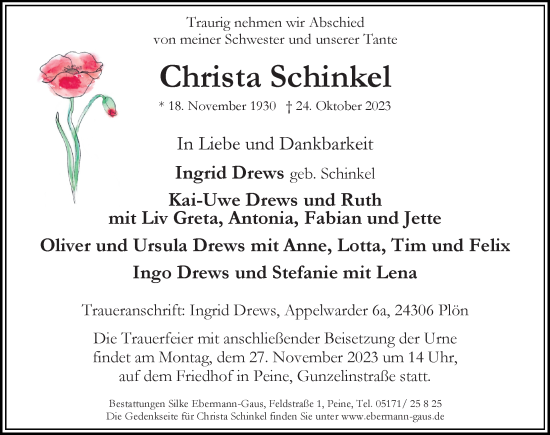 Traueranzeige von Christa Schinkel von Peiner Allgemeine Zeitung