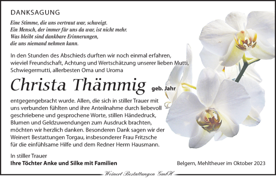 Traueranzeige von Christa Thämmig von Torgauer Zeitung