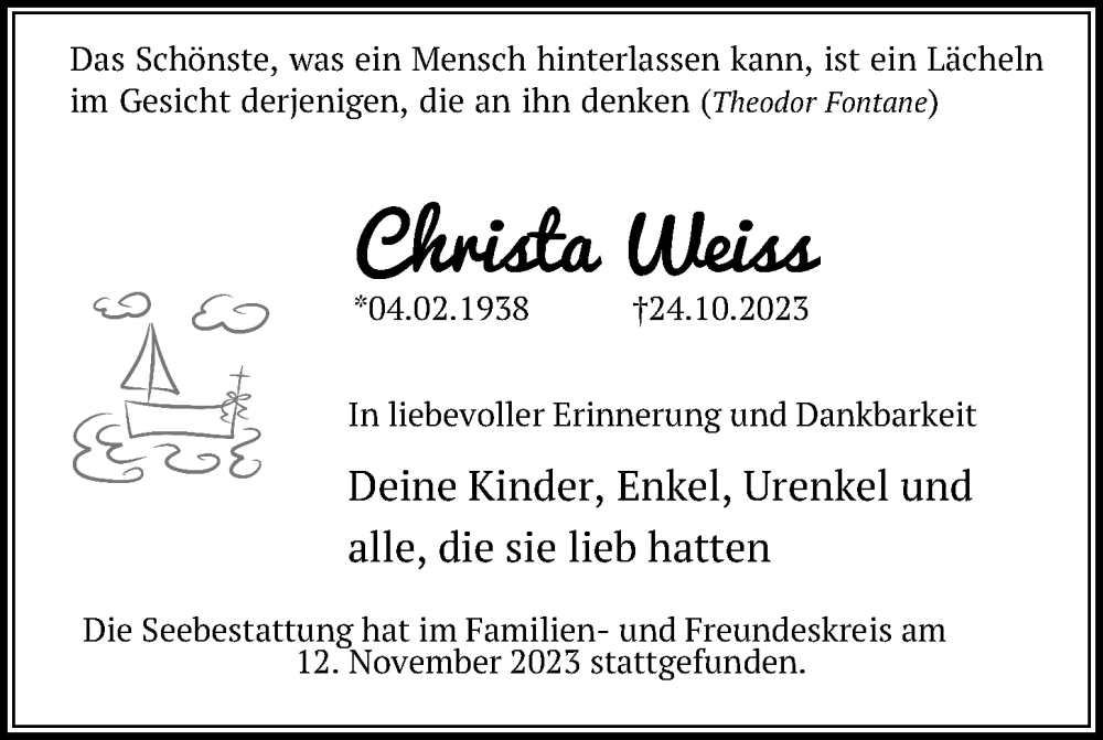  Traueranzeige für Christa Weiss vom 18.11.2023 aus Kieler Nachrichten