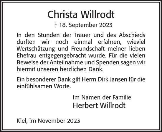 Traueranzeige von Christa Willrodt von Kieler Nachrichten