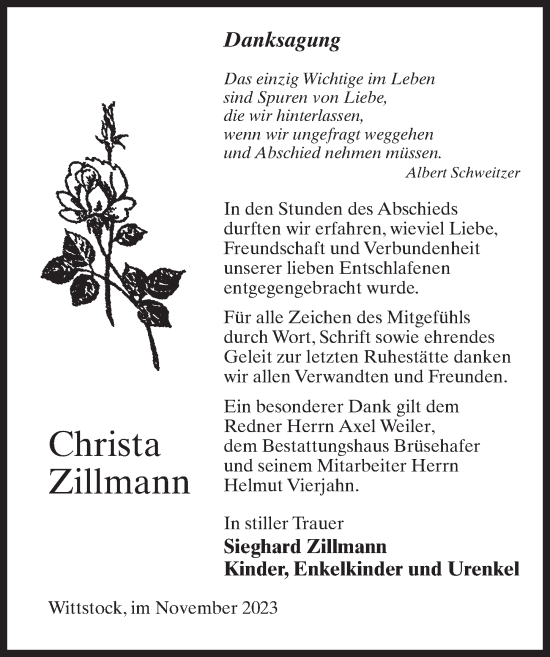 Traueranzeige von Christa Zillmann von Märkischen Allgemeine Zeitung