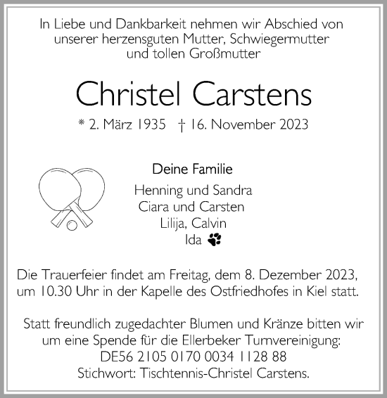 Traueranzeige von Christel Carstens von Kieler Nachrichten