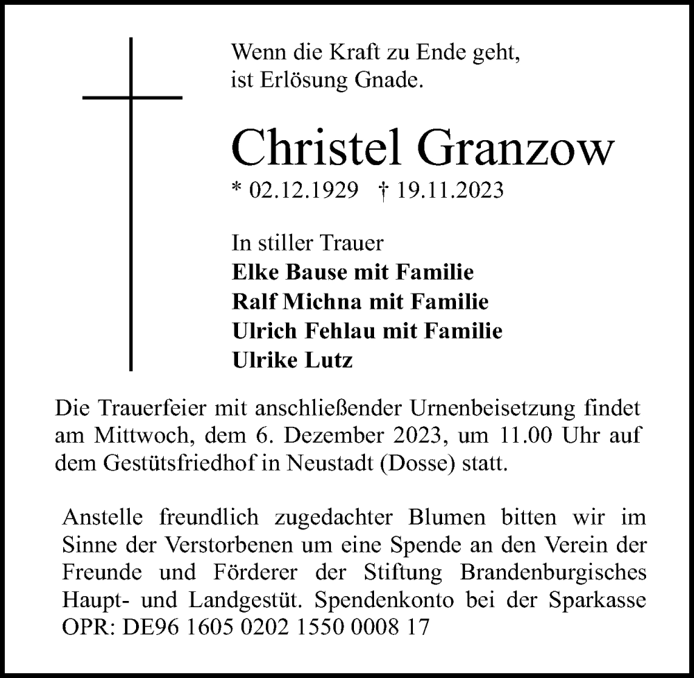  Traueranzeige für Christel Granzow vom 25.11.2023 aus Märkischen Allgemeine Zeitung