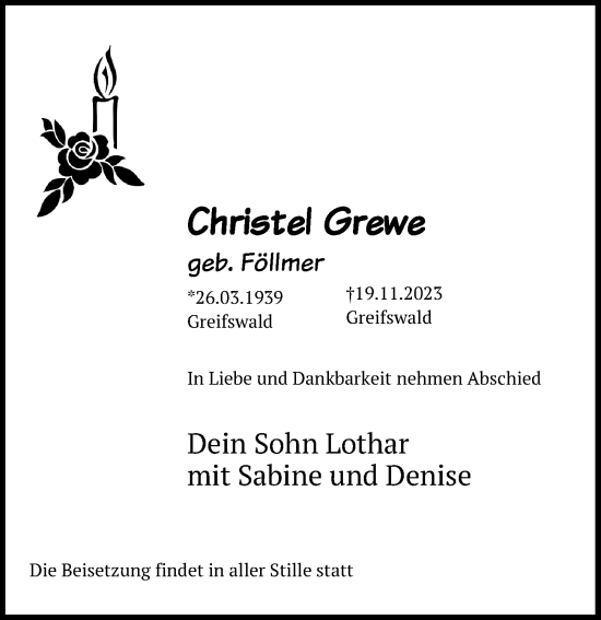 Traueranzeige von Christel Grewe von Ostsee-Zeitung GmbH