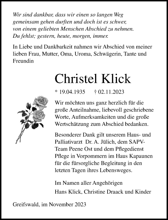 Traueranzeige von Christel Klick von Ostsee-Zeitung GmbH