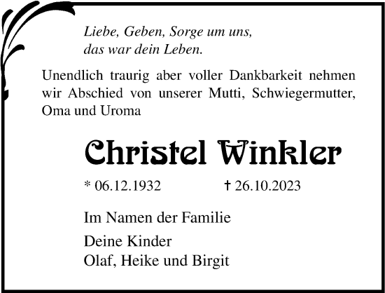 Traueranzeige von Christel Winkler von Ostsee-Zeitung GmbH