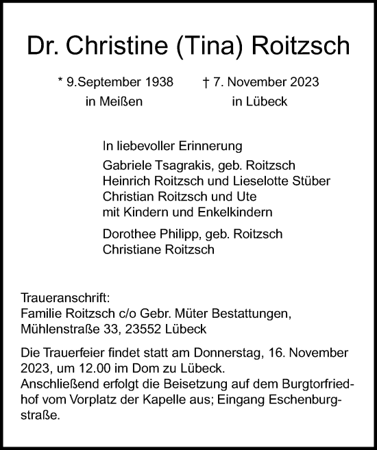 Traueranzeige von Christine Roitzsch von Lübecker Nachrichten
