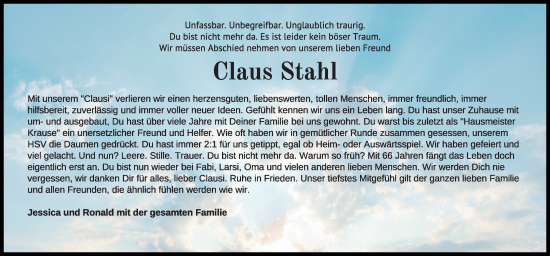 Traueranzeige von Claus Stahl von Kieler Nachrichten