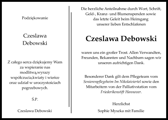 Traueranzeige von Czeslawa Debowski von Hannoversche Allgemeine Zeitung/Neue Presse