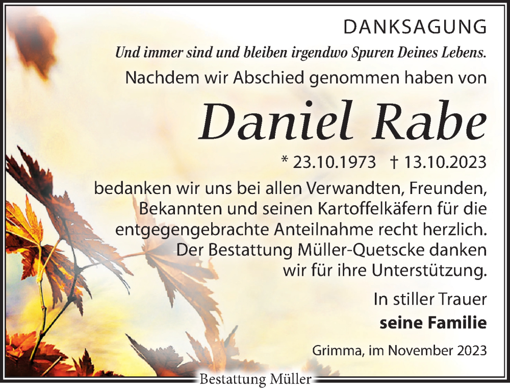  Traueranzeige für Daniel Rabe vom 11.11.2023 aus Leipziger Volkszeitung