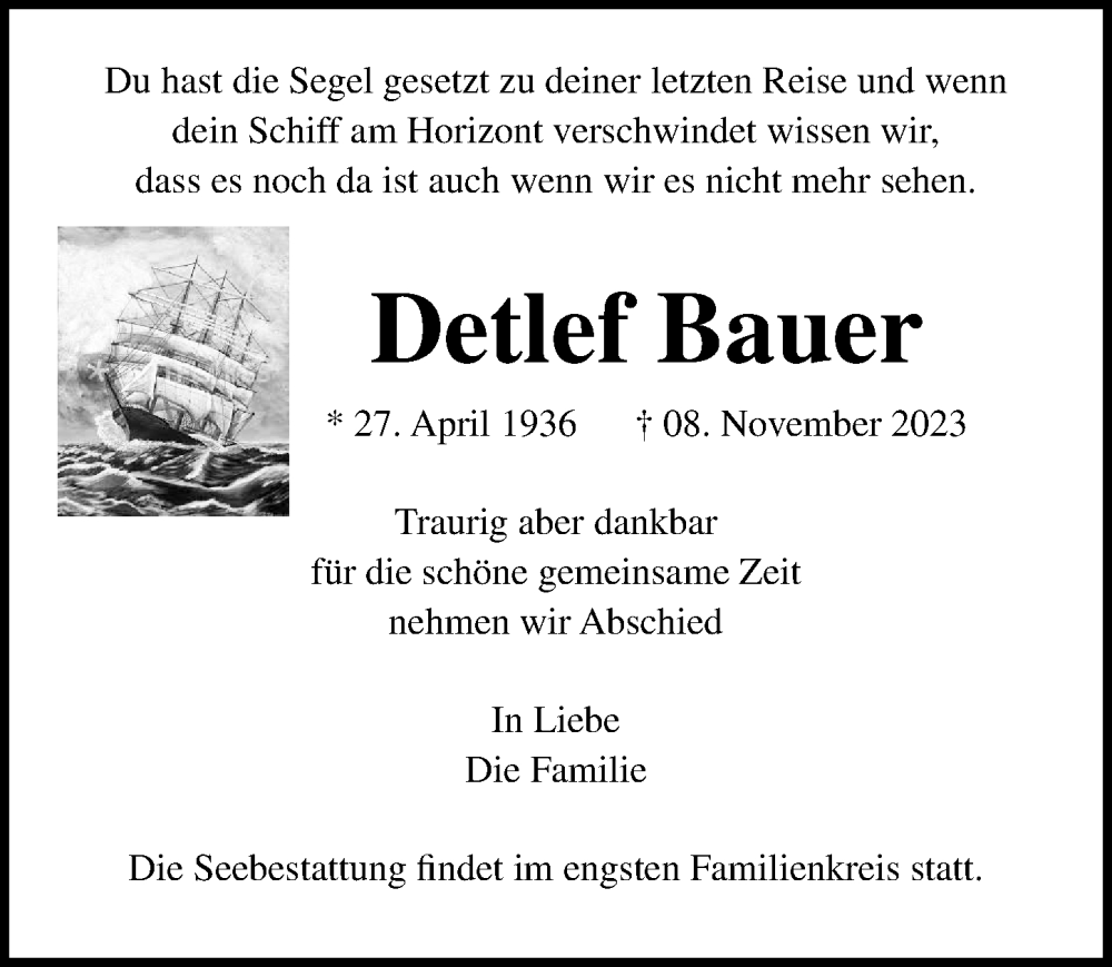  Traueranzeige für Detlef Bauer vom 19.11.2023 aus Lübecker Nachrichten