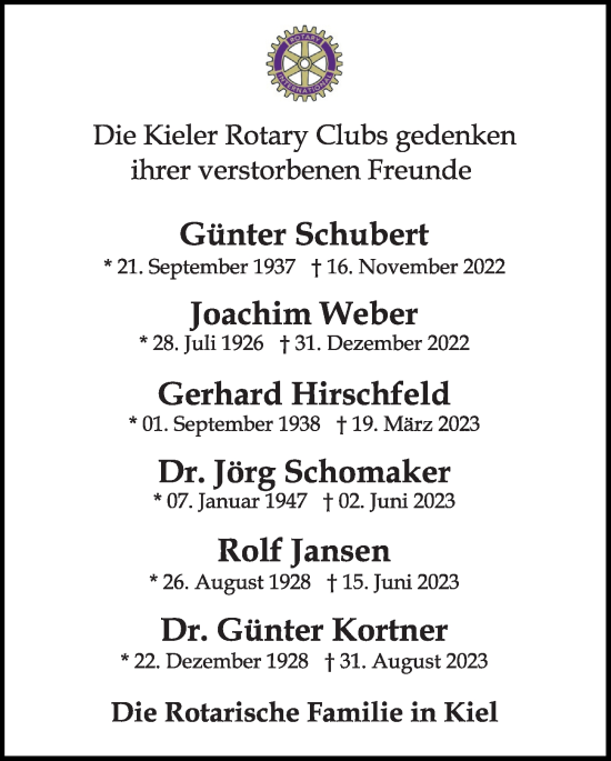 Traueranzeige von Die Kieler Rotary Clubs gedenken ihrer verstorbenen Freunde  von Kieler Nachrichten