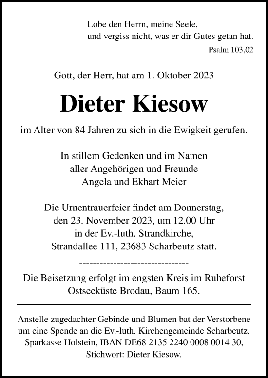 Traueranzeige von Dieter Kiesow von Lübecker Nachrichten