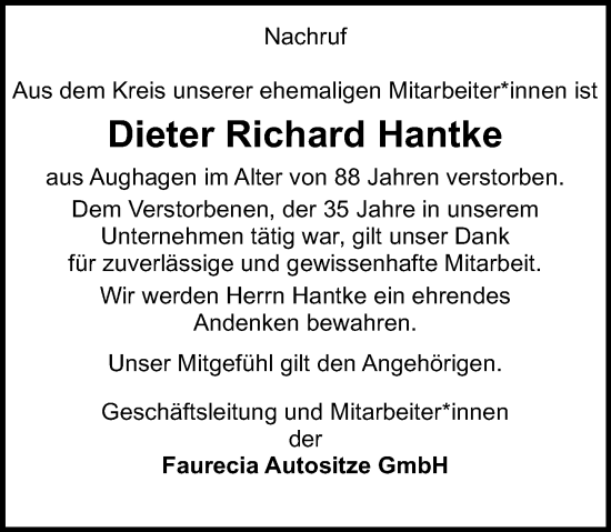 Traueranzeige von Dieter Richard Hantke von Schaumburger Nachrichten