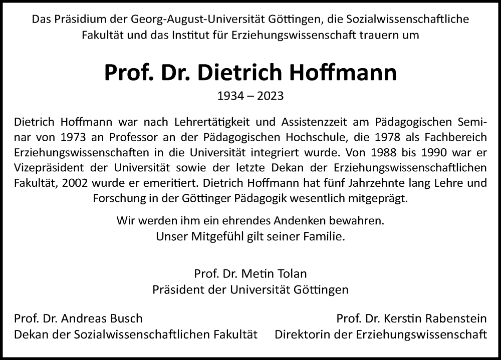 Traueranzeige für Dietrich Hoffmann vom 25.11.2023 aus Göttinger Tageblatt