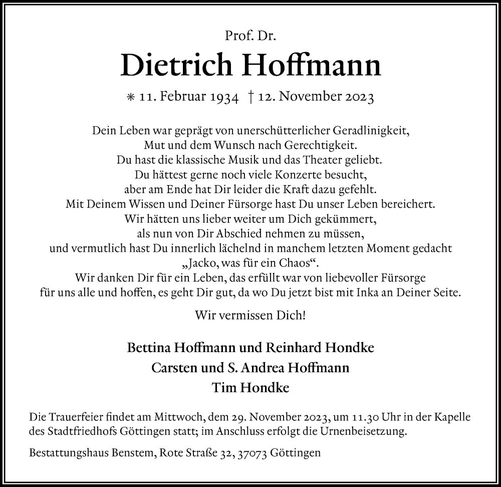  Traueranzeige für Dietrich Hoffmann vom 18.11.2023 aus Göttinger Tageblatt