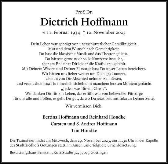 Traueranzeige von Dietrich Hoffmann von Göttinger Tageblatt