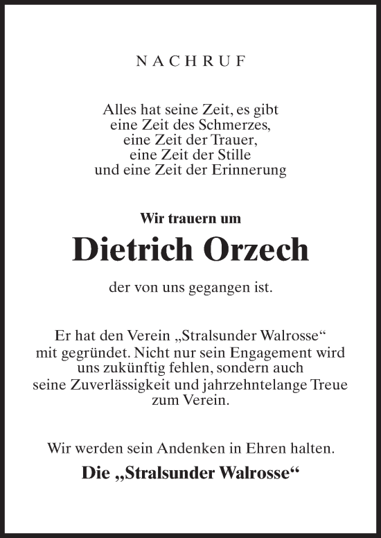 Traueranzeige von Dietrich Orzech von Ostsee-Zeitung GmbH