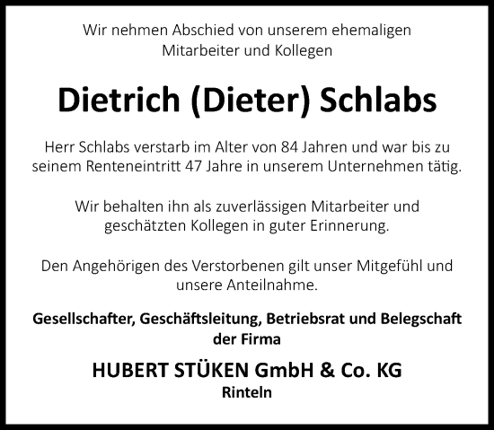 Traueranzeige von Dietrich  Schlabs von Schaumburger Zeitung/ Landes-Zeitung