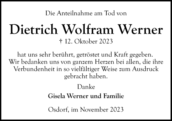 Traueranzeige von Dietrich Wolfram Werner von Kieler Nachrichten