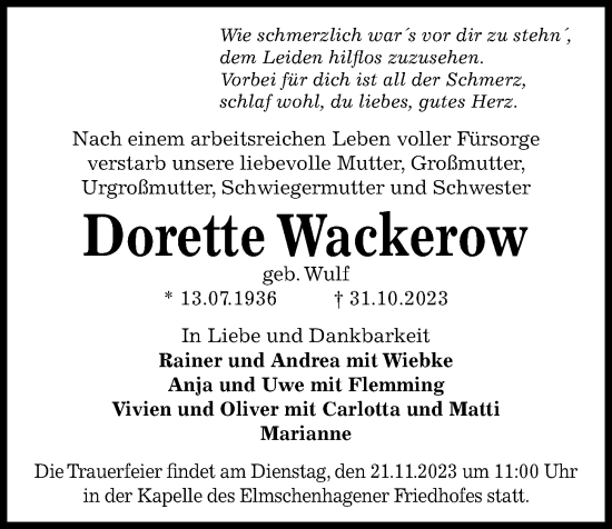 Traueranzeige von Dorette Wackerow von Kieler Nachrichten