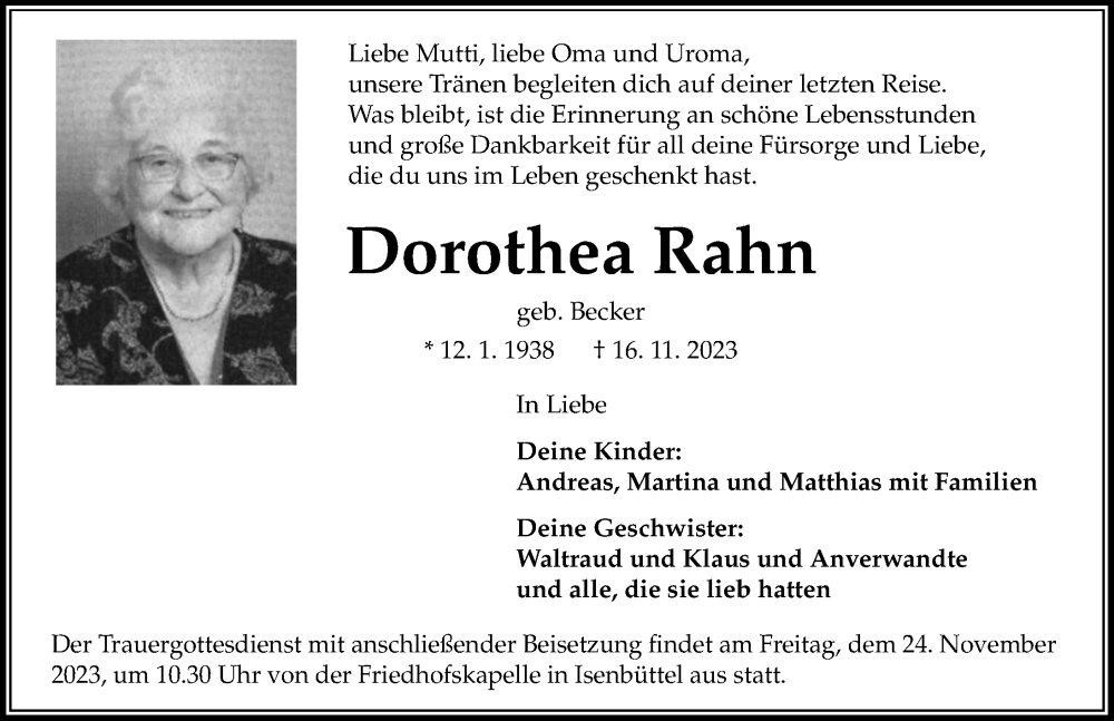  Traueranzeige für Dorothea Rahn vom 21.11.2023 aus Aller Zeitung
