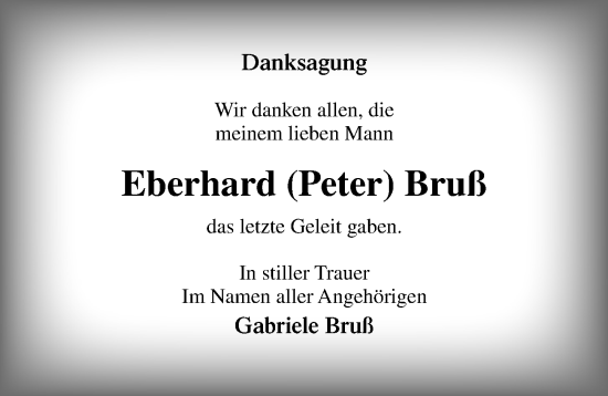 Traueranzeige von Eberhard Bruß von Ostsee-Zeitung GmbH