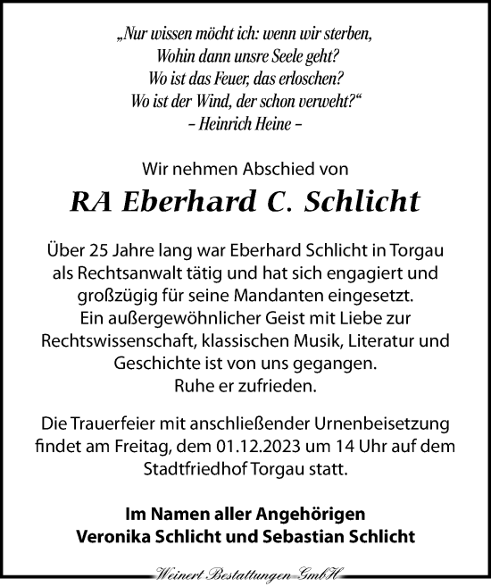 Traueranzeige von Eberhard C. Schlicht von Torgauer Zeitung
