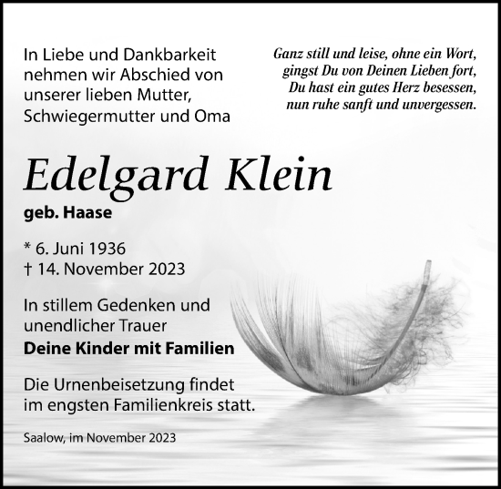 Traueranzeige von Edelgard Klein von Märkischen Allgemeine Zeitung